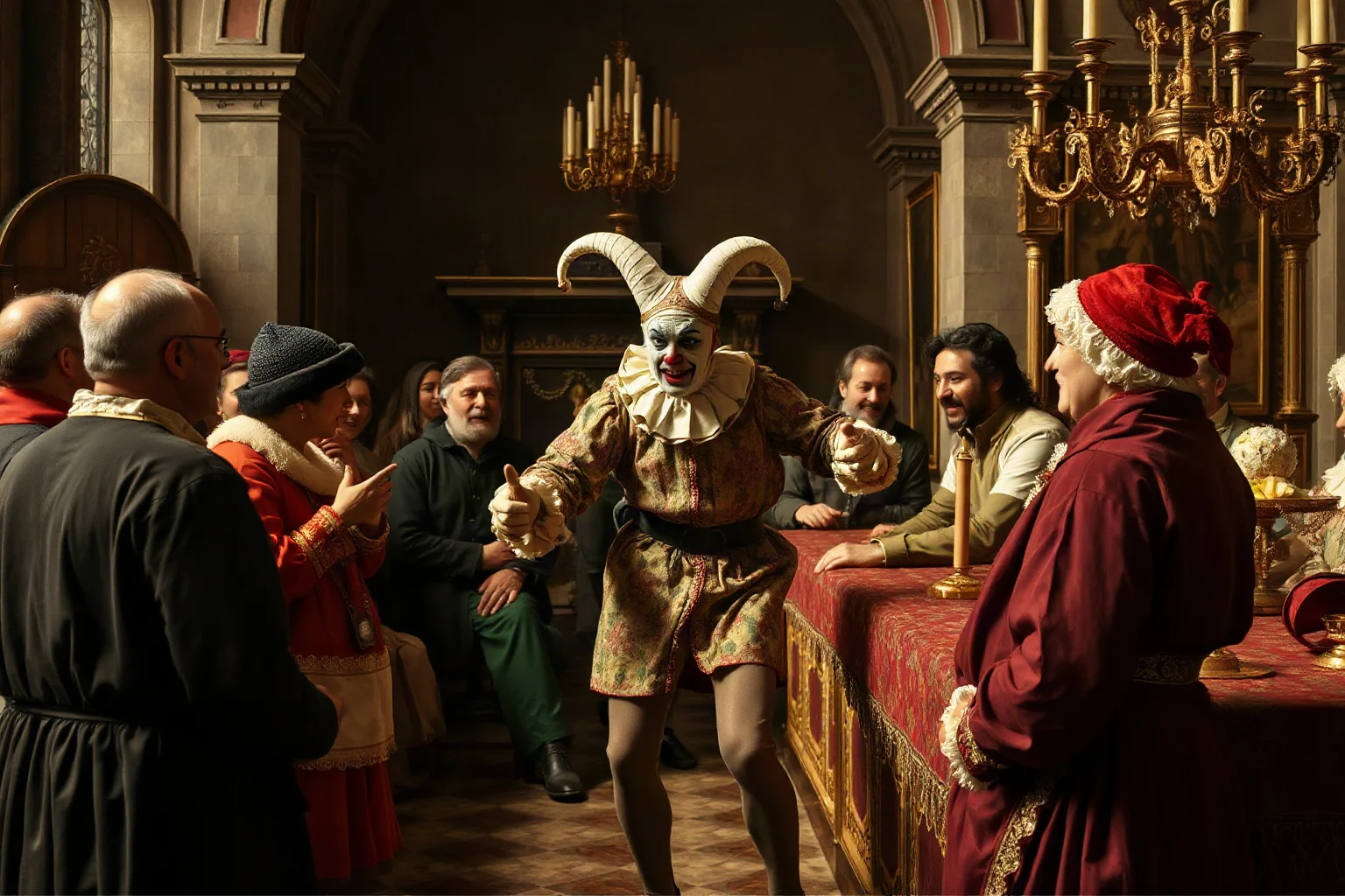 An Italian Renaissance jester performing an elaborate prank for laughing nobles in a Ferrara court