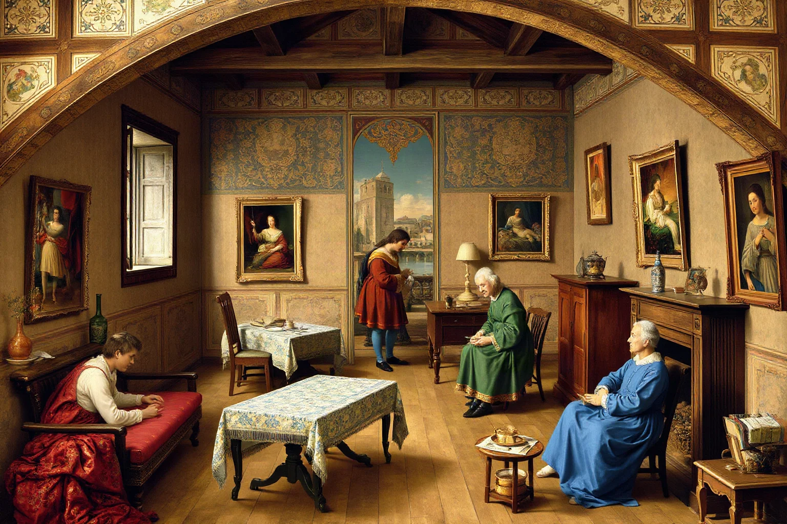 An Italian Renaissance merchant's household in 16th century Florence, showing domestic life and commissioned artwork on walls