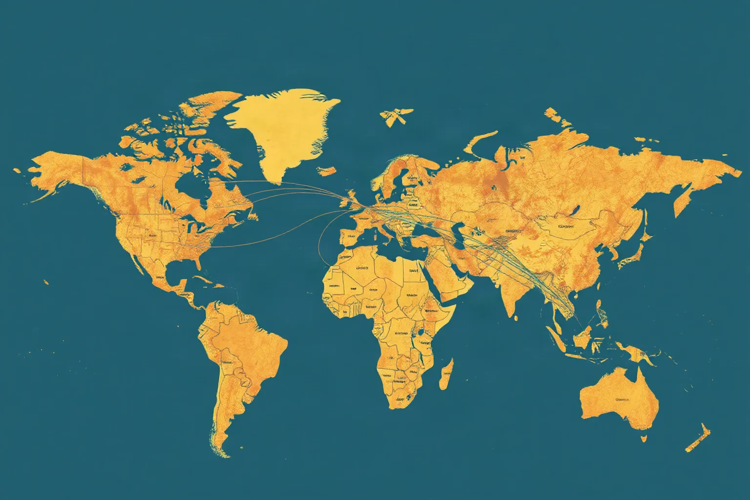 An ITU-style world map with radio wave lines connecting distant continents, vintage poster style