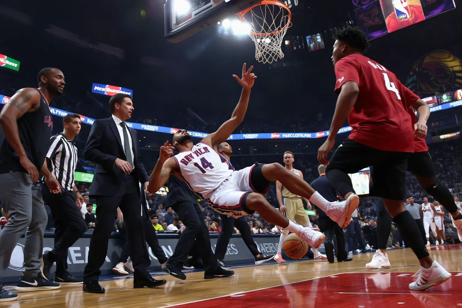 An NBA player mid-fall near the basket during a season-opening game, teammates and coaches rushing toward him, arena lights glowing