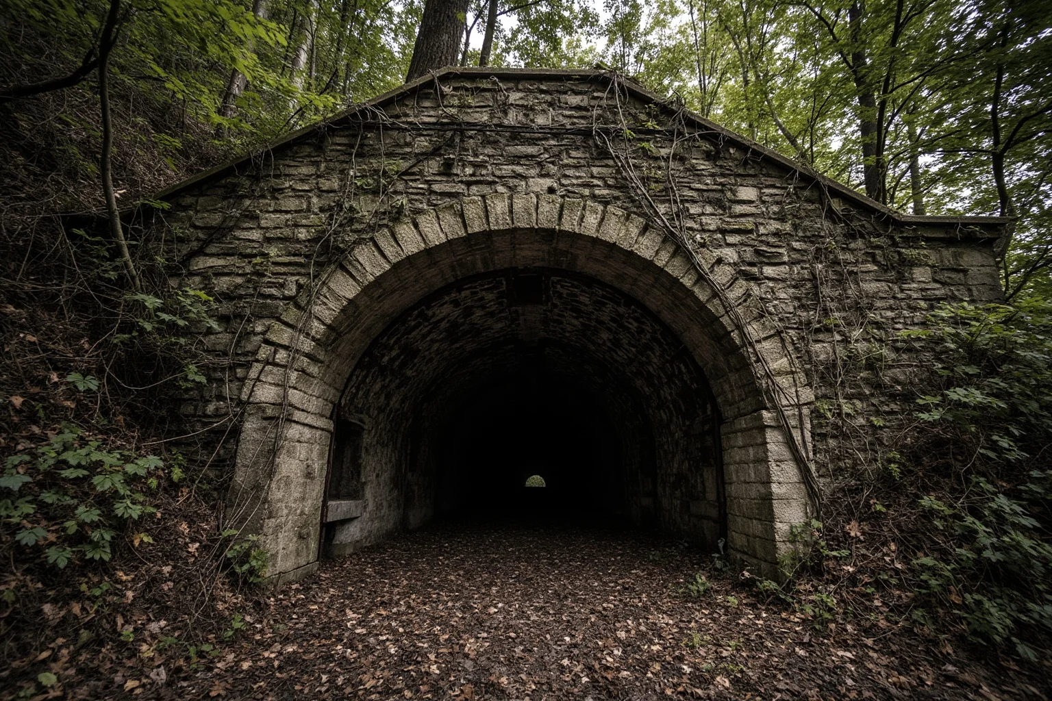 Missing Legendary Treasures That Are Yet to Be Found 15 An old abandoned railway tunnel entrance in a forested European hillside, overgrown with vines