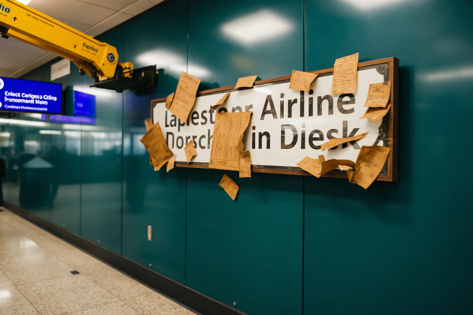 An old airline check-in desk sign being removed from an airport terminal wall