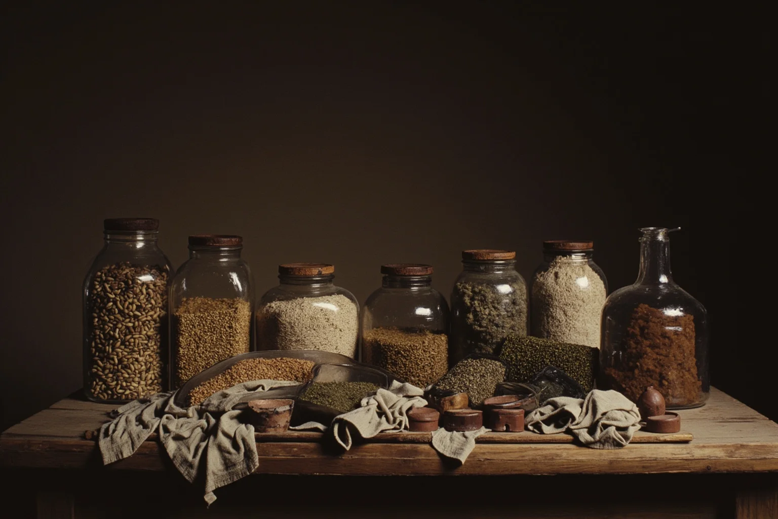 An old alchemist's workshop with jars of grain and cloth, referencing the spontaneous generation myth