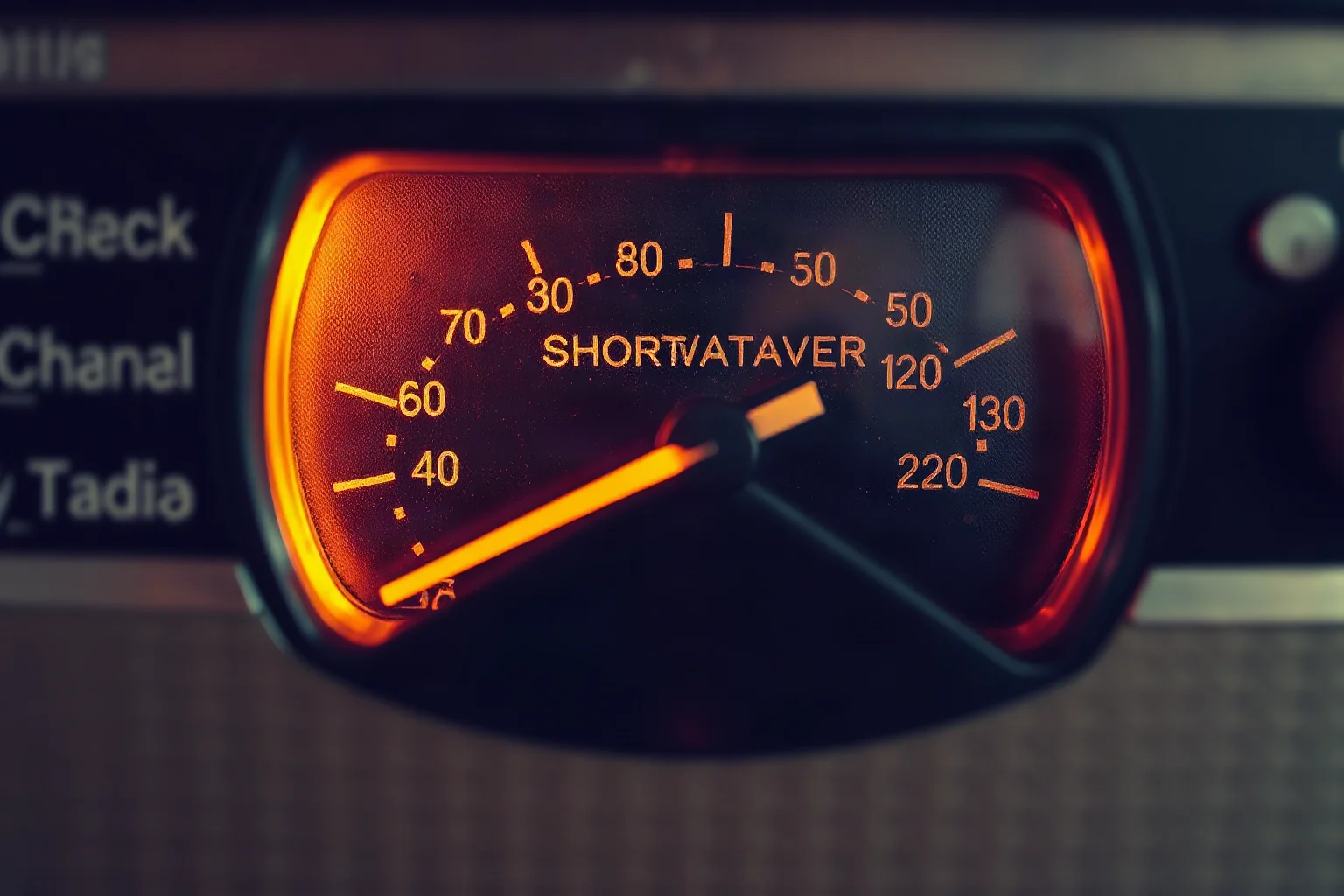 An old analog radio dial with shortwave frequency markings, warm amber glow, retro Cold War feel