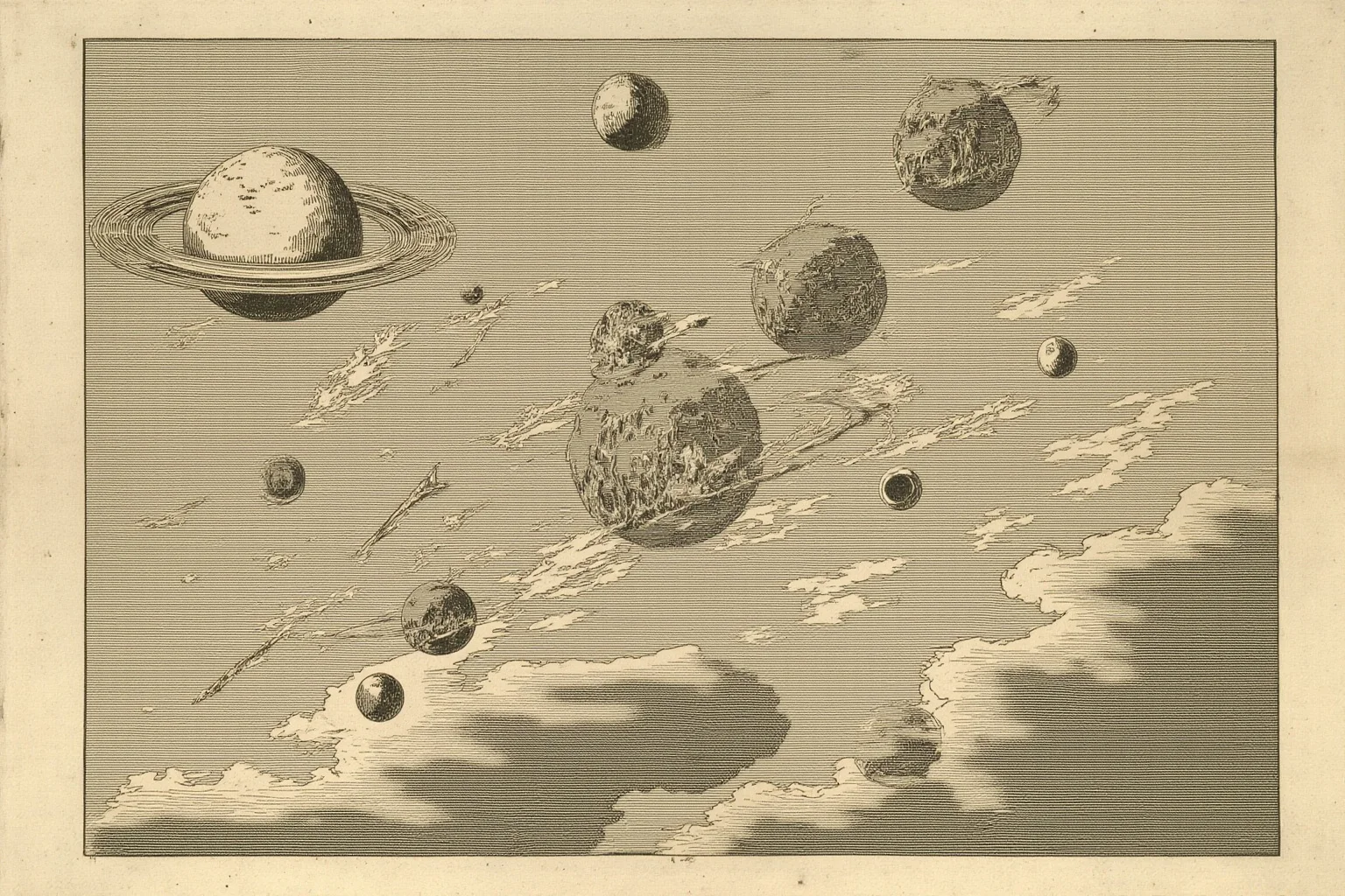 An old astronomical illustration showing the sun and planets orbiting the Earth