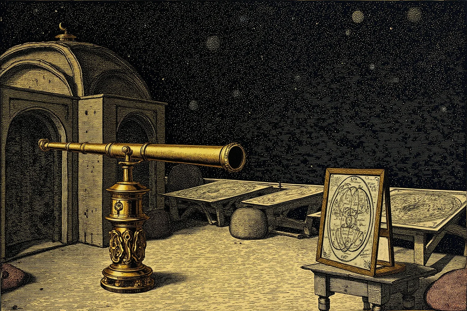 An old astronomical observatory at night with a brass telescope and star charts, Renaissance-era illustration