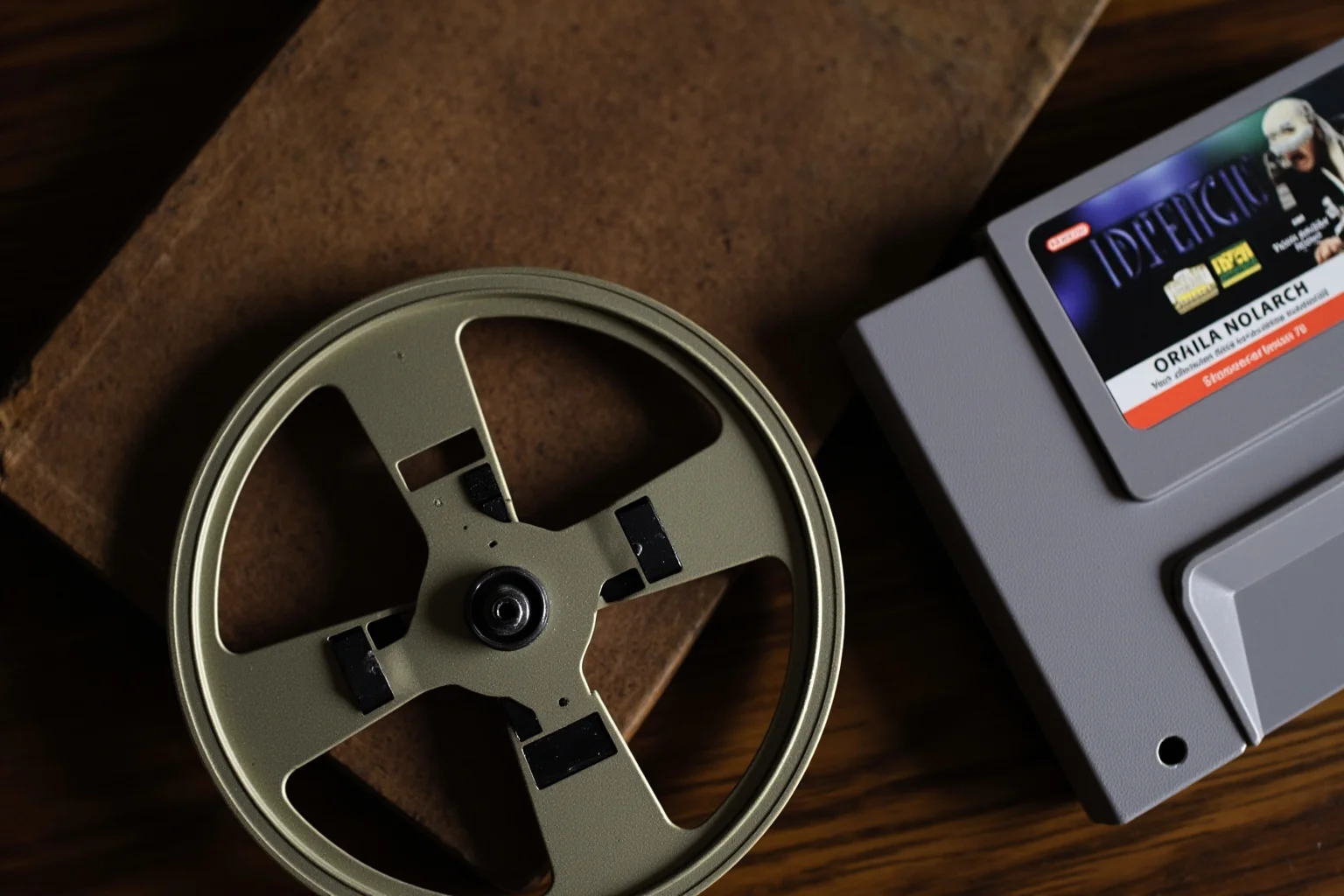 The Mad Baron Who Conquered Mongolia: The Bloody Life of Roman von Ungern-Sternberg 24 An old book, a vintage film reel, and a retro video game cartridge arranged together, symbolic illustration