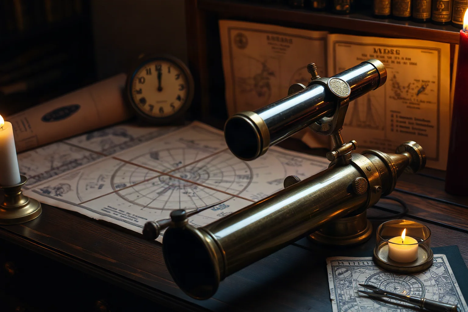 An old brass telescope and astronomical charts on a wooden desk by candlelight