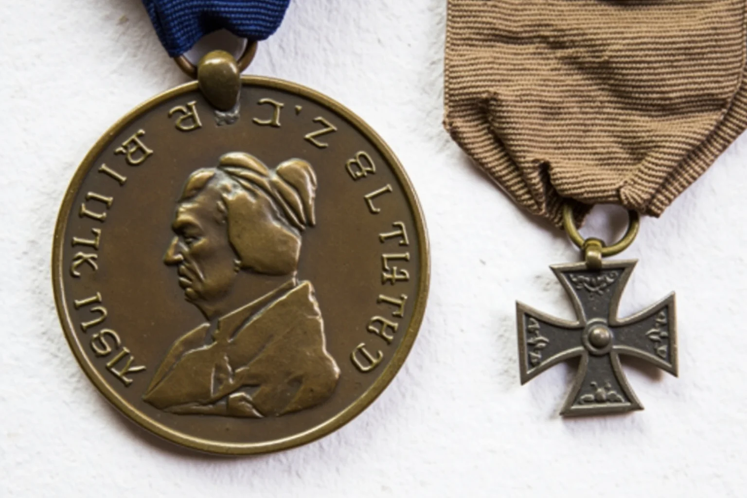 Highest Military Decorations: 20 Rare and Obsolete Medals You'll Never See Again 11 An old bronze medallion with a profile bust design on a faded ribbon, shown next to a modern cross medal to suggest a historic exchange