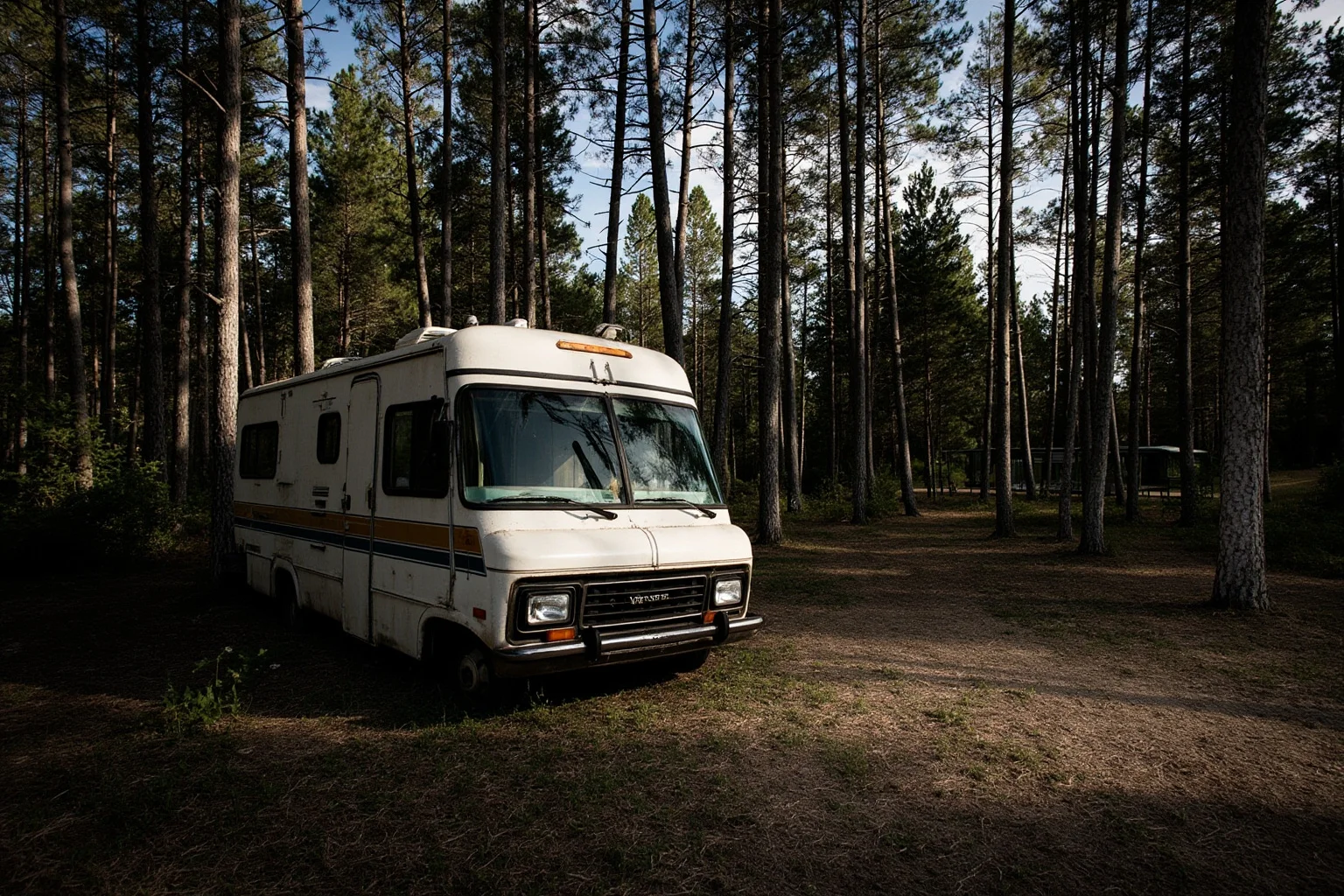 An old camper van parked in a quiet forest clearing, evoking a family down on their luck