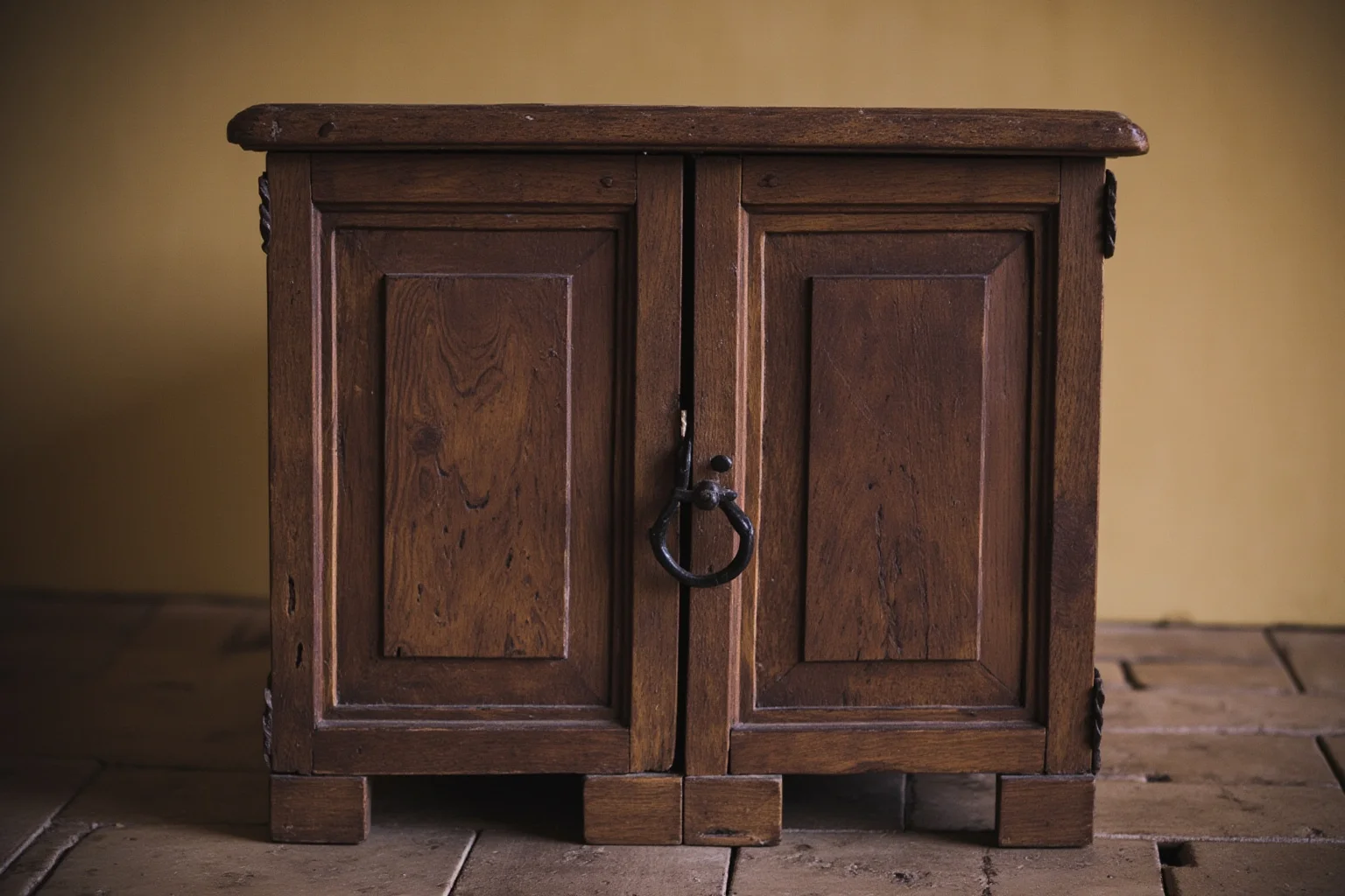 An old carved wooden cabinet box sitting alone on a wooden floor