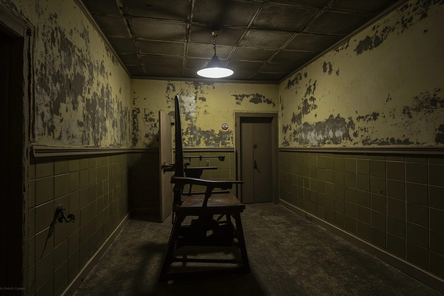 25 Disturbing Last Words By Notorious Criminals 14 An old electric chair chamber with peeling paint, harsh overhead light, vintage 1950s prison aesthetic