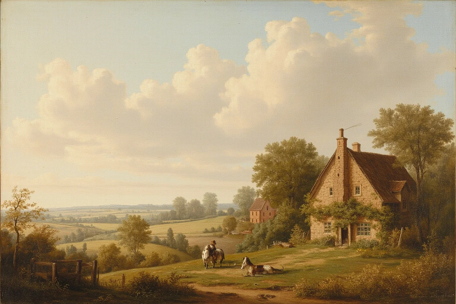 An old English countryside cottage and pasture evoking early 18th-century rural life, soft muted colors