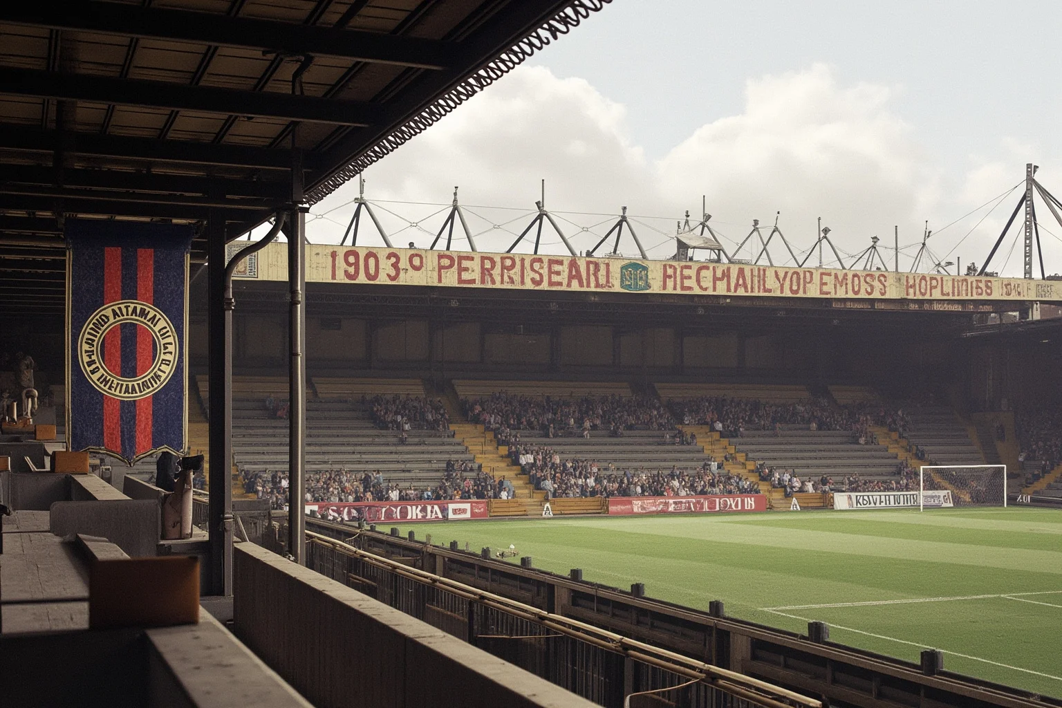 Longest Championship Droughts In Sport History 20 An old English football stadium terrace with a faded club crest banner from the 1920s, symbolic illustration