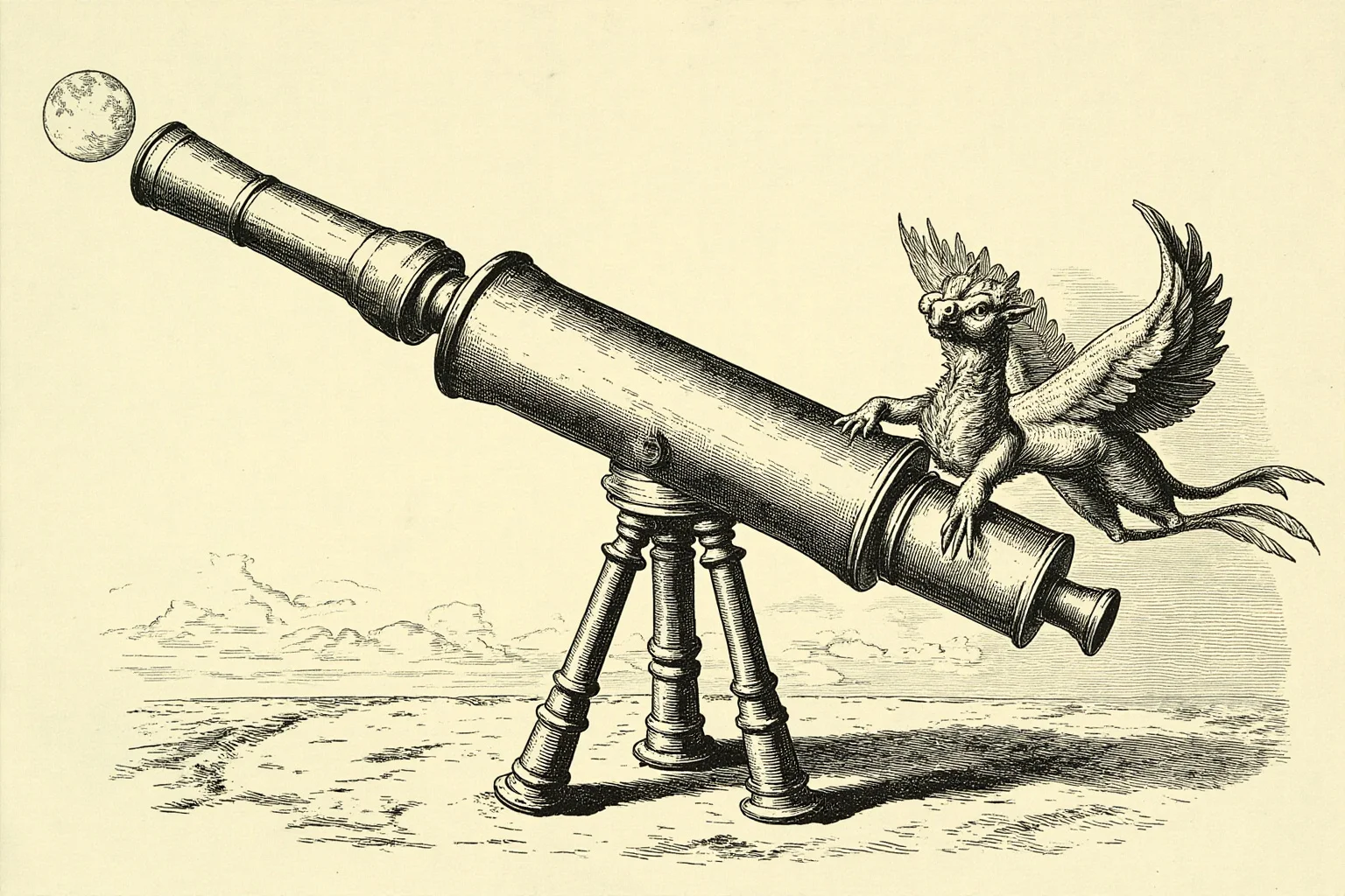 An old engraved illustration of a telescope pointed at the moon with fantastical winged creatures sketched nearby