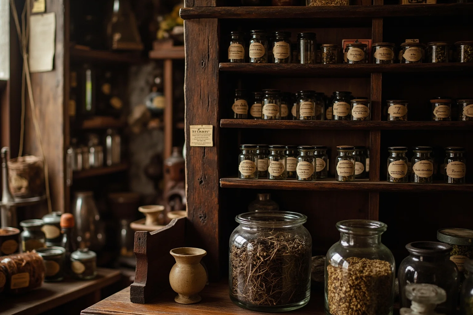 An old European apothecary shop interior with glass jars and dried herbs on wooden shelves, 17th-century style