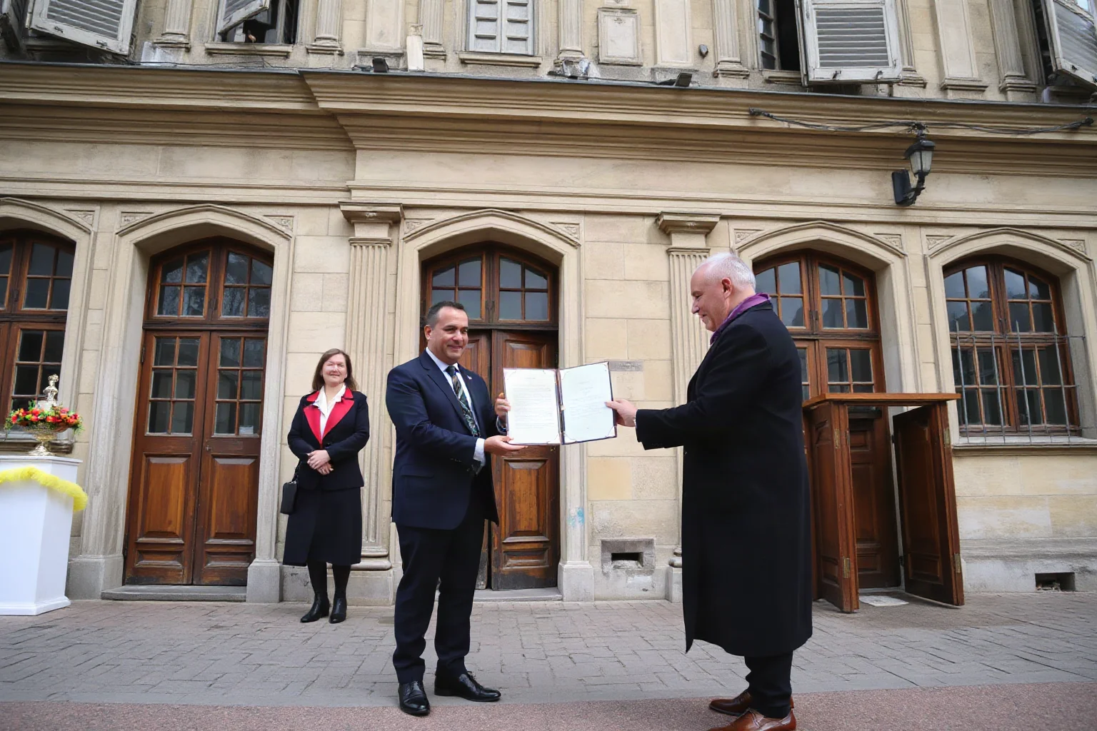 An old European government building with officials exchanging a ceremonial document and coin purse