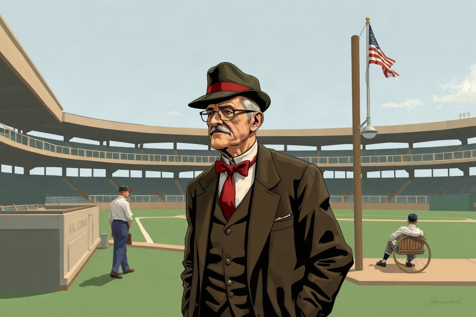 An old-fashioned baseball manager in a suit and cap standing thoughtfully near a dugout, vintage illustration