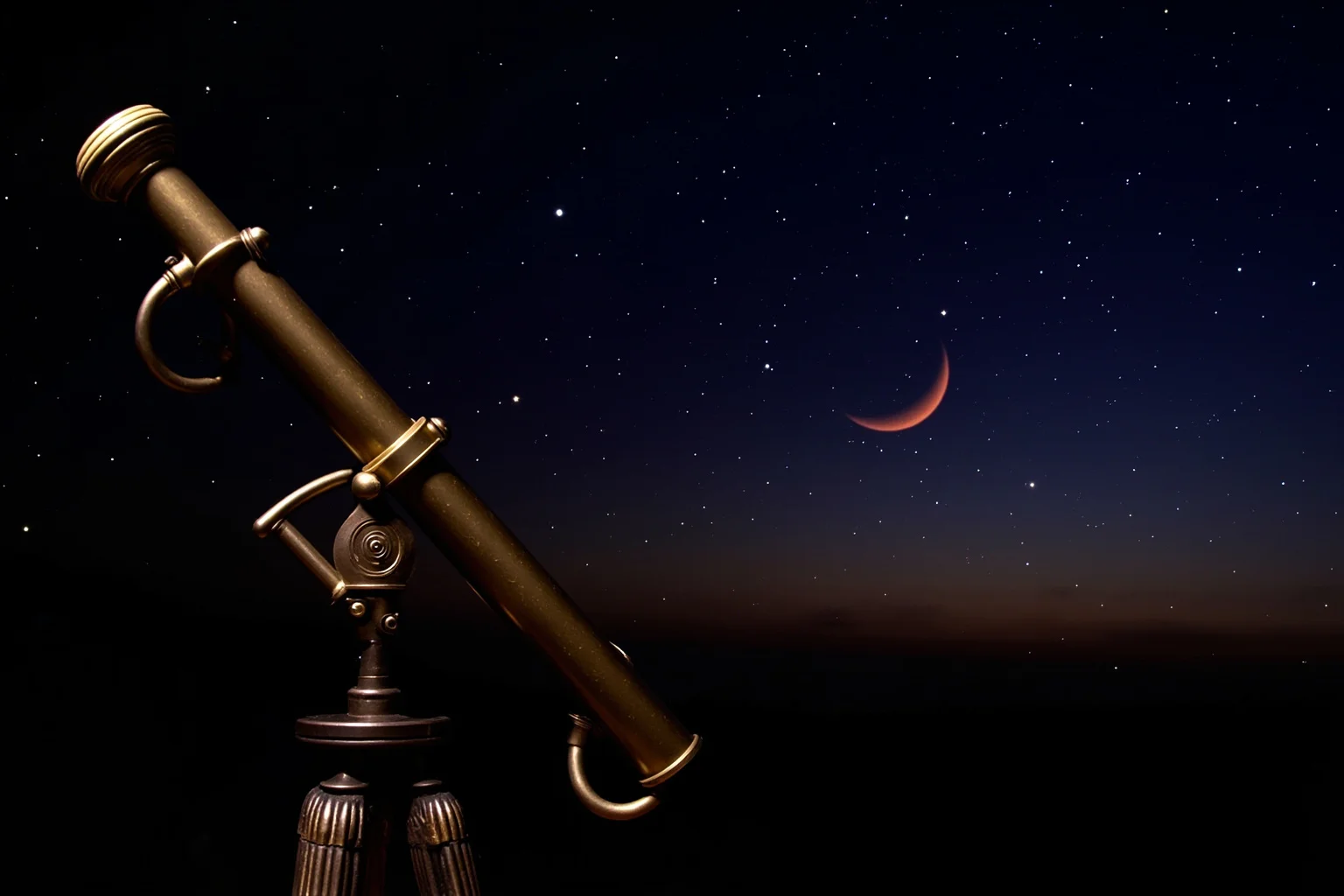 An old-fashioned brass telescope pointed at a starry night sky with a faint red planet visible, Victorian study setting