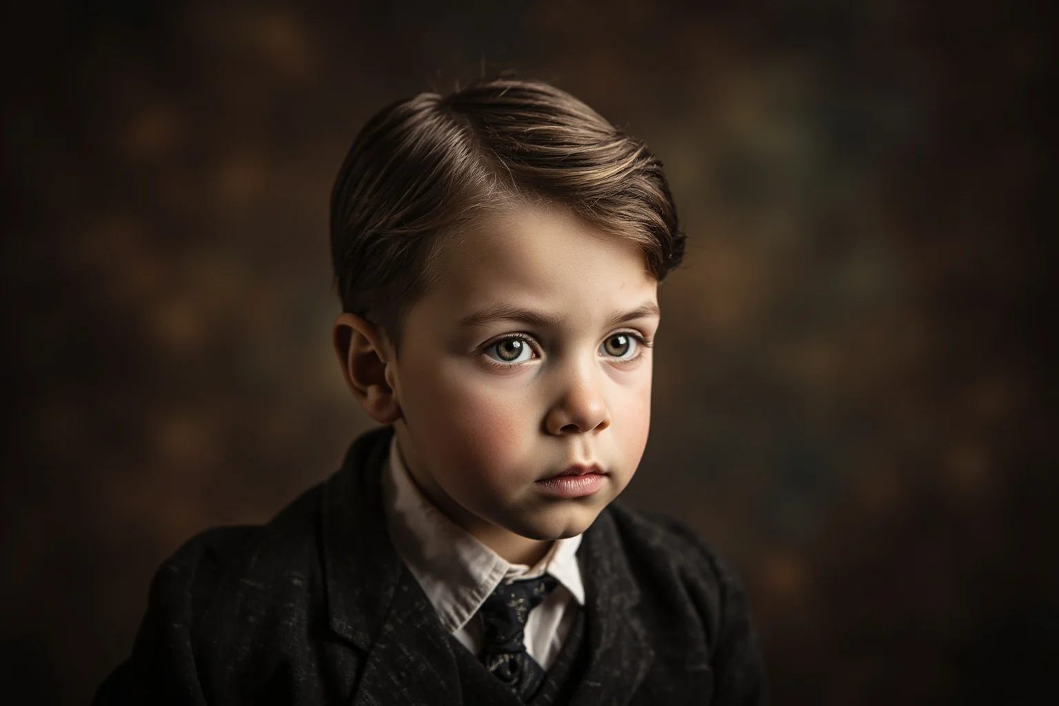An old-fashioned British aristocratic-style portrait of a young boy in tailored early 1900s clothing