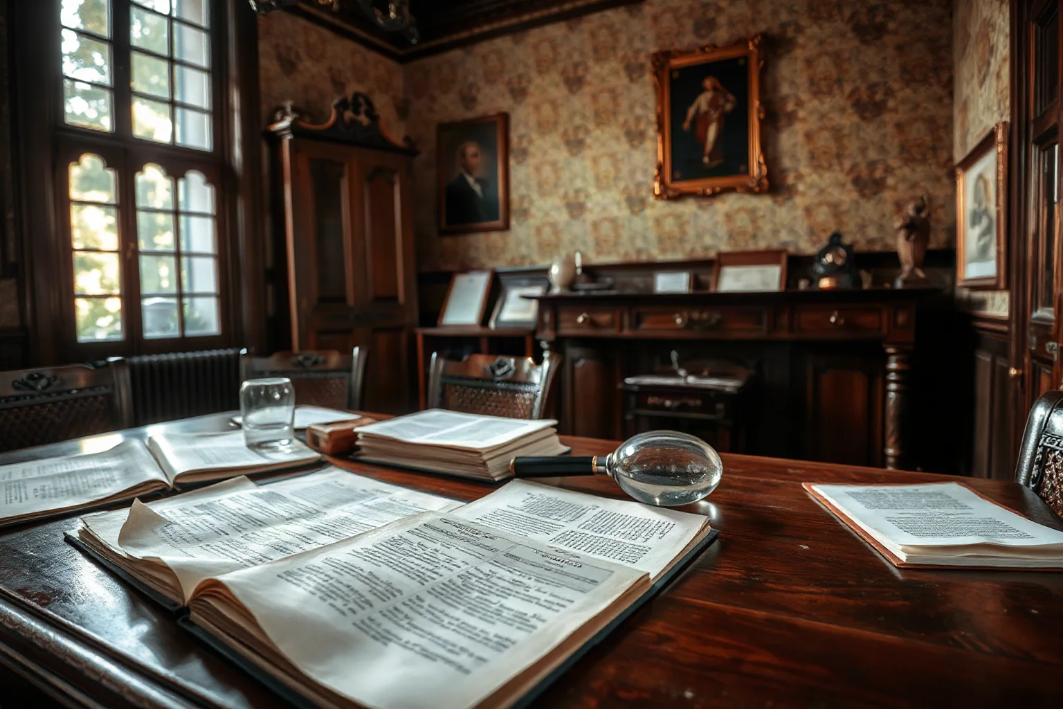 An old-fashioned courtroom or investigation room with documents and a magnifying glass, representing a historical autopsy inquiry