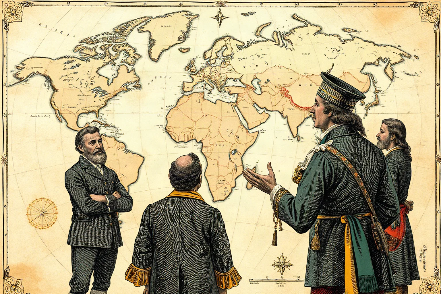An old-fashioned engraving-style illustration of a colonial administrator addressing a group across a large world map