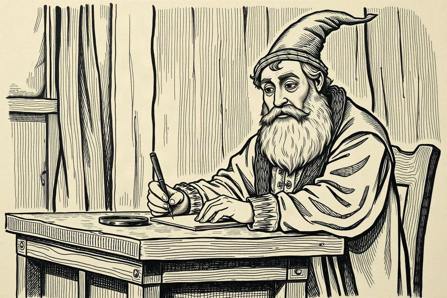 An old-fashioned illustrated portrait of a bearded medieval physician or alchemist writing at a wooden desk