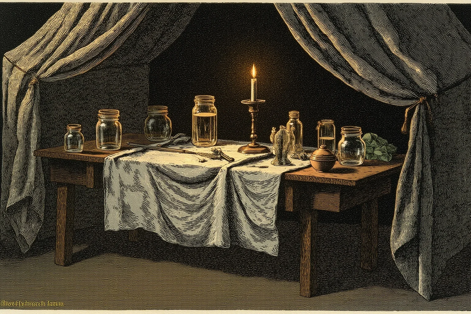 Grim Childhoods Indeed: The 20 Darkest Brothers Grimm Fairy Tales 19 An old-fashioned illustration of a candlelit surgeon's tent with glass jars and surgical tools on a wooden table