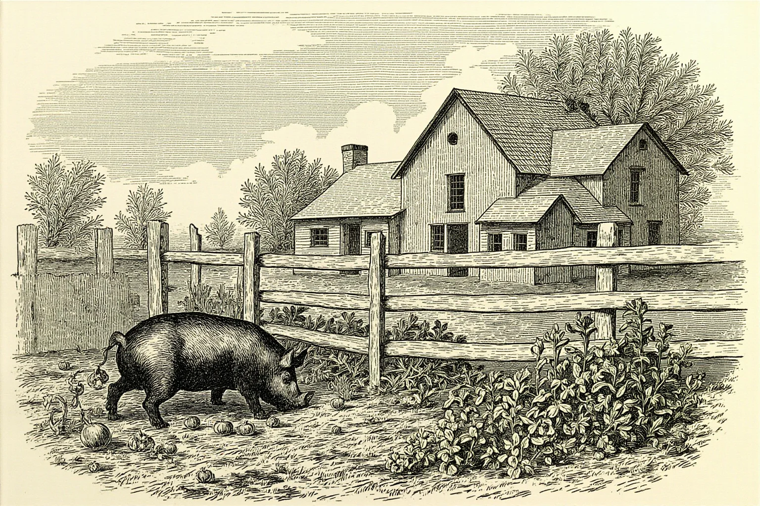 An old-fashioned illustration of a pig rooting through a vegetable garden near a wooden colonial-era farmhouse