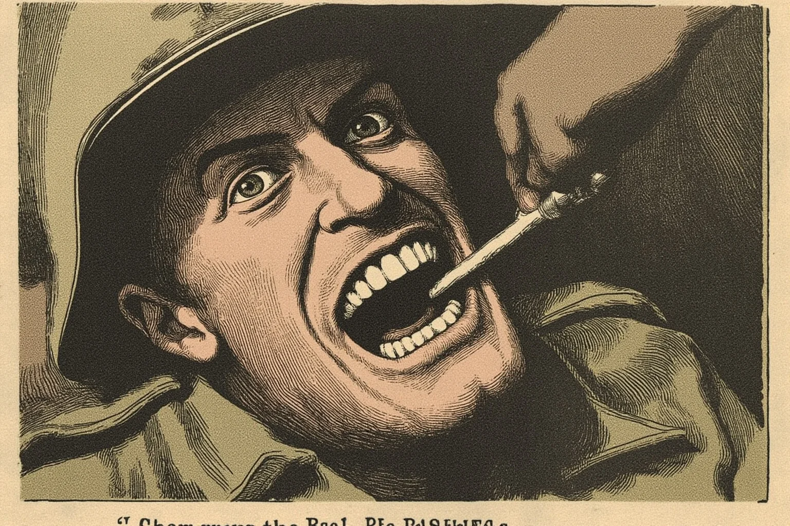 An old-fashioned illustration of a soldier gritting his teeth before battlefield surgery, evoking the 'bite the bullet' idiom, in muted historical tones