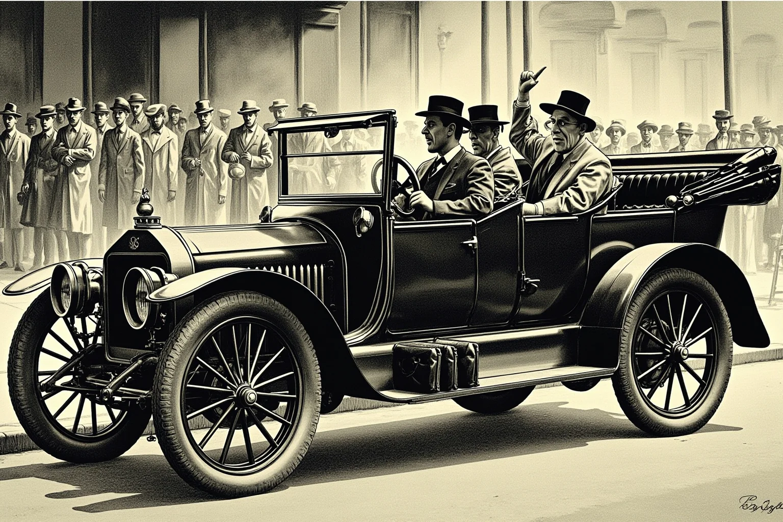 An old-fashioned open-top car illustration at a street corner with a crowd of shadowy figures nearby, tense atmosphere, 1910s European city background