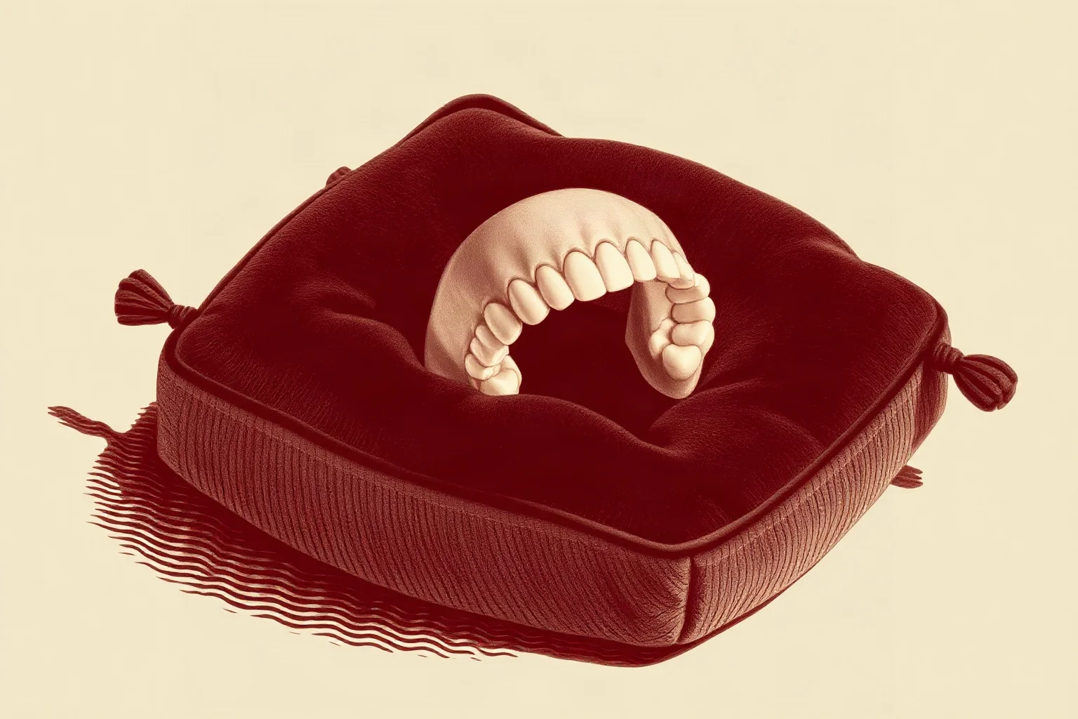 An old-fashioned pair of false teeth resting on a velvet cushion, vintage sepia-toned illustration