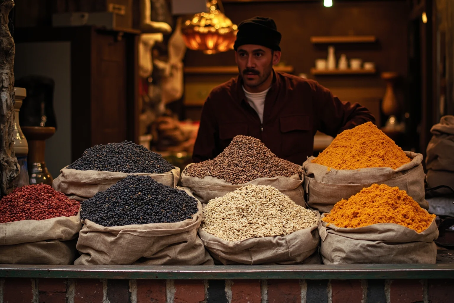 An old-fashioned spice merchant's stall filled with sacks of black pepper and exotic spices, medieval market setting