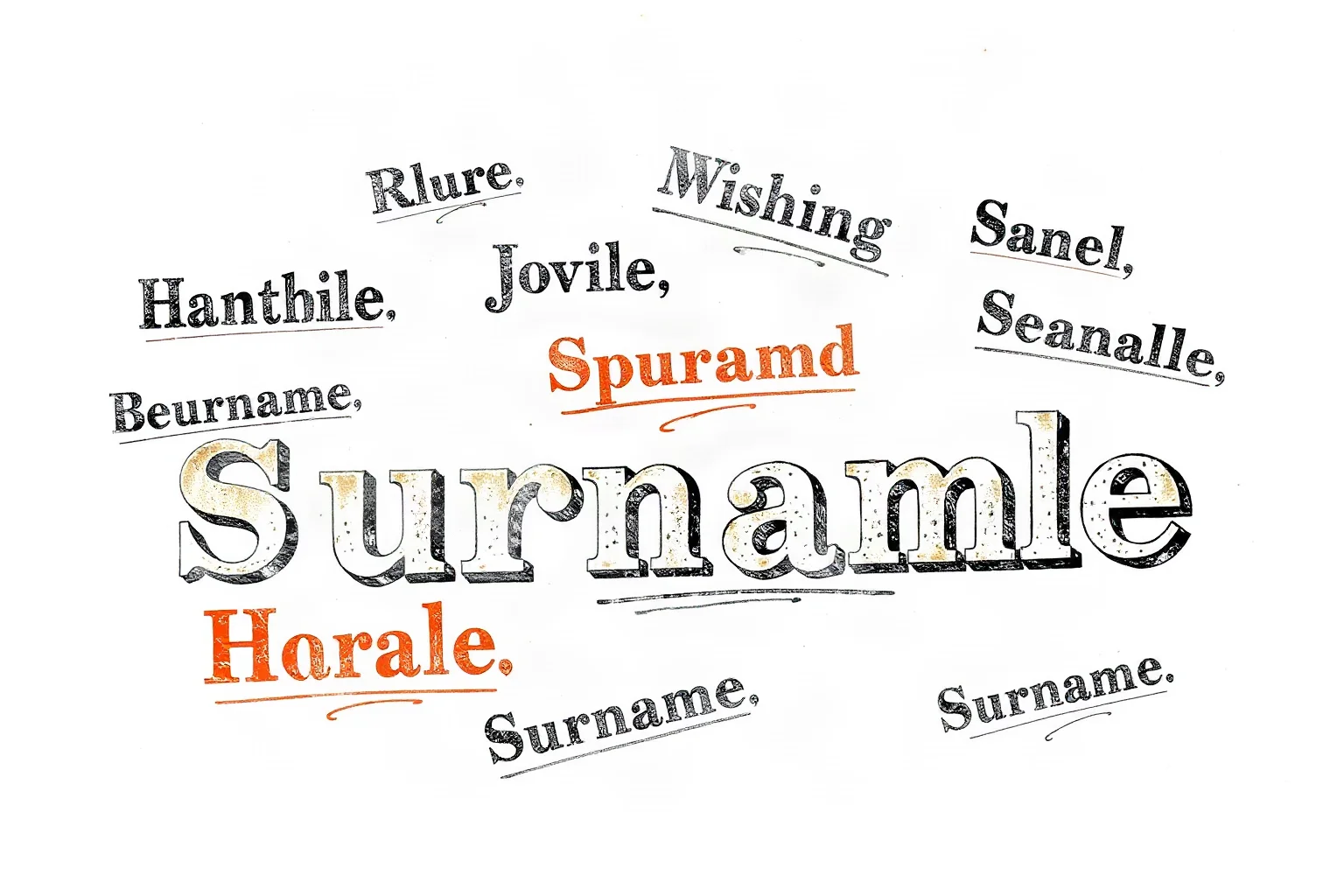 An old-fashioned typographic illustration showing several misspelled versions of a historical surname scattered like handwritten notes
