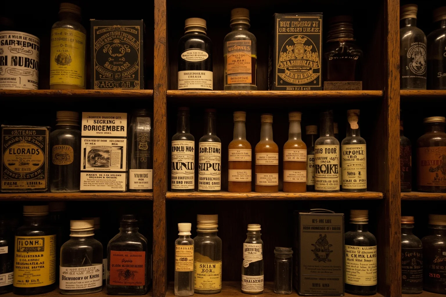 An old-fashioned Victorian pharmacy shelf with strange 19th-century medicinal products