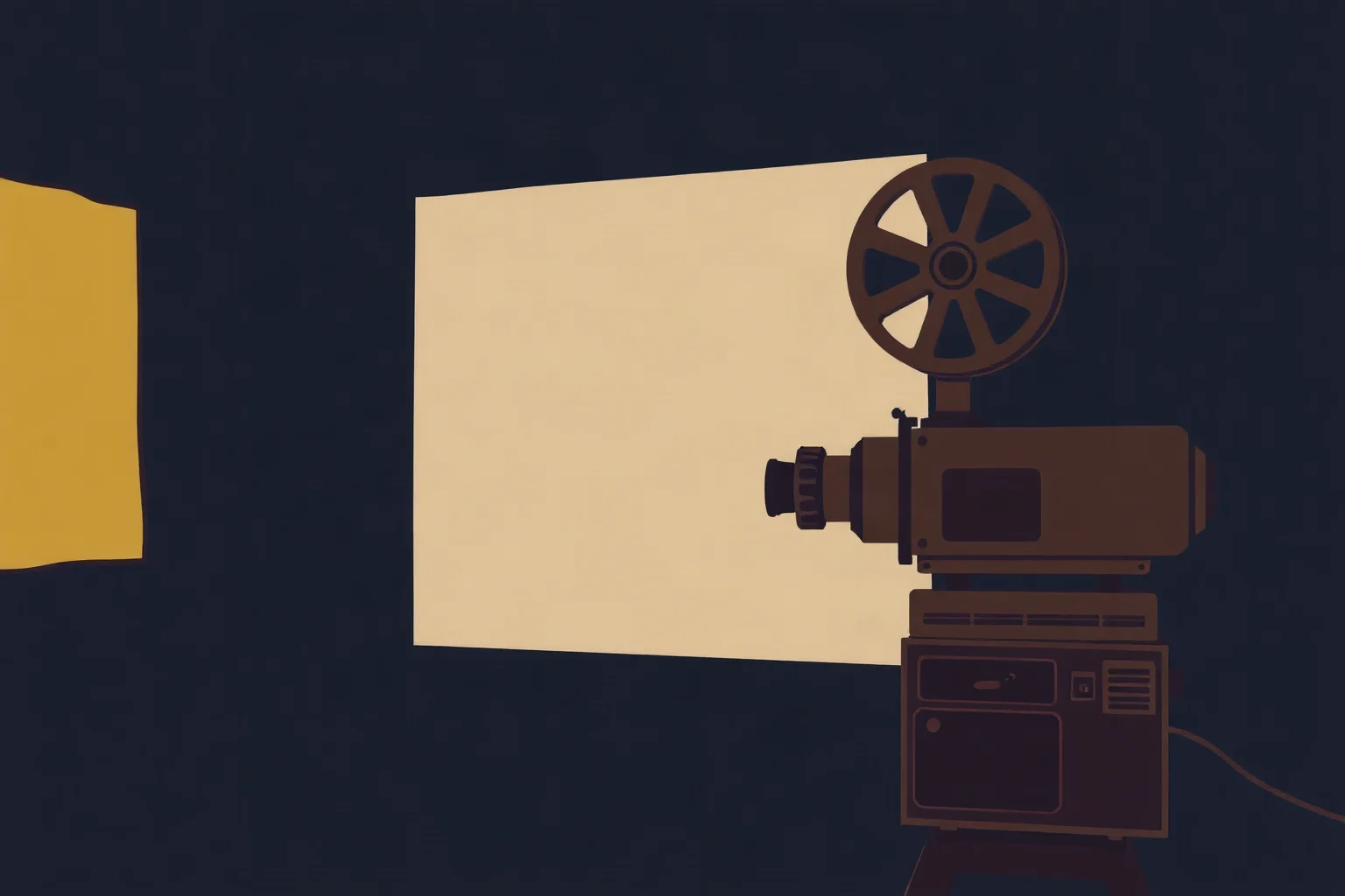 An old film reel and vintage cinema projector in a dark room, illustration, historical theme