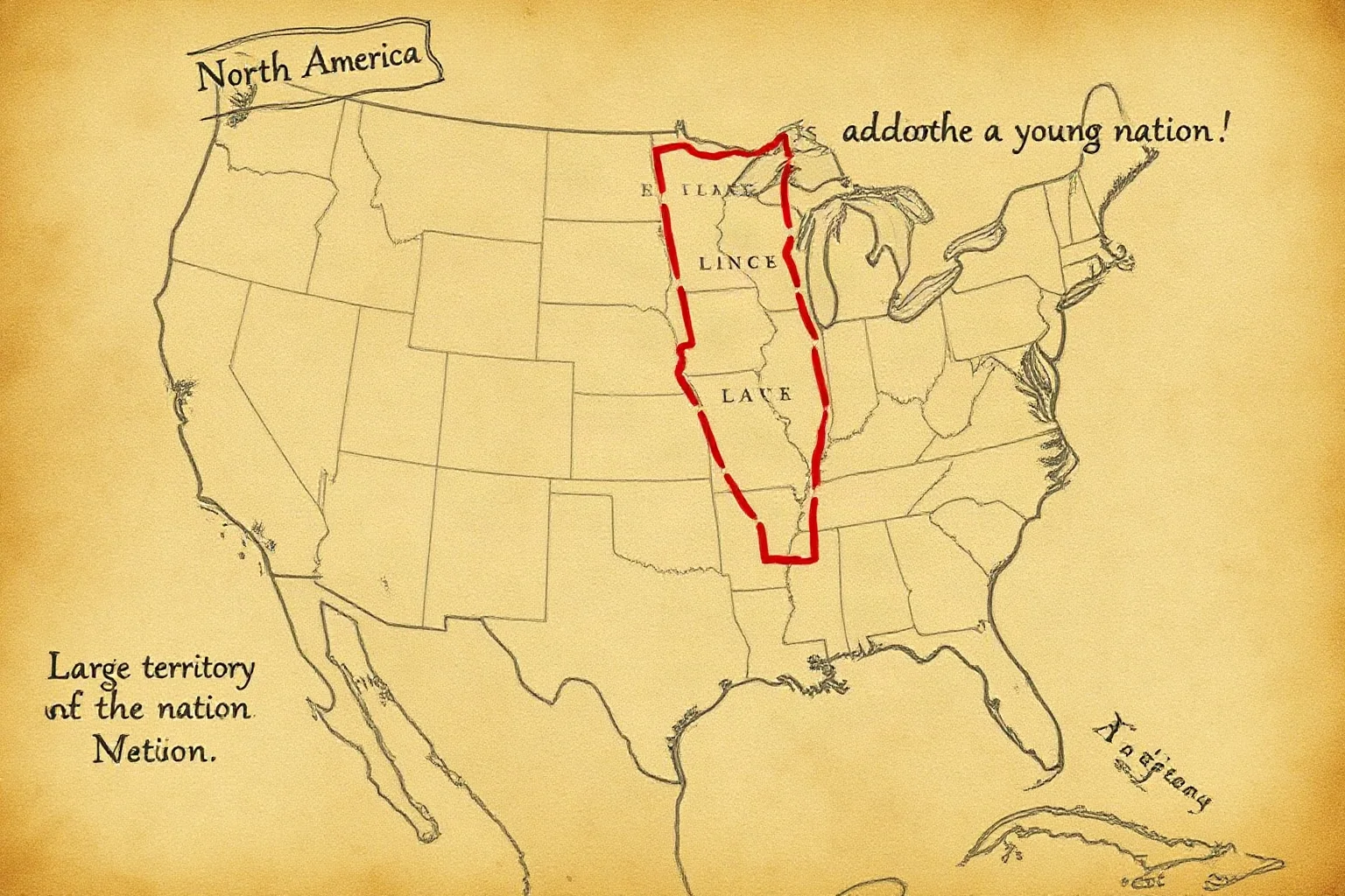 An old hand-drawn map of North America showing a large territory being added to a young nation, parchment texture, illustrative style