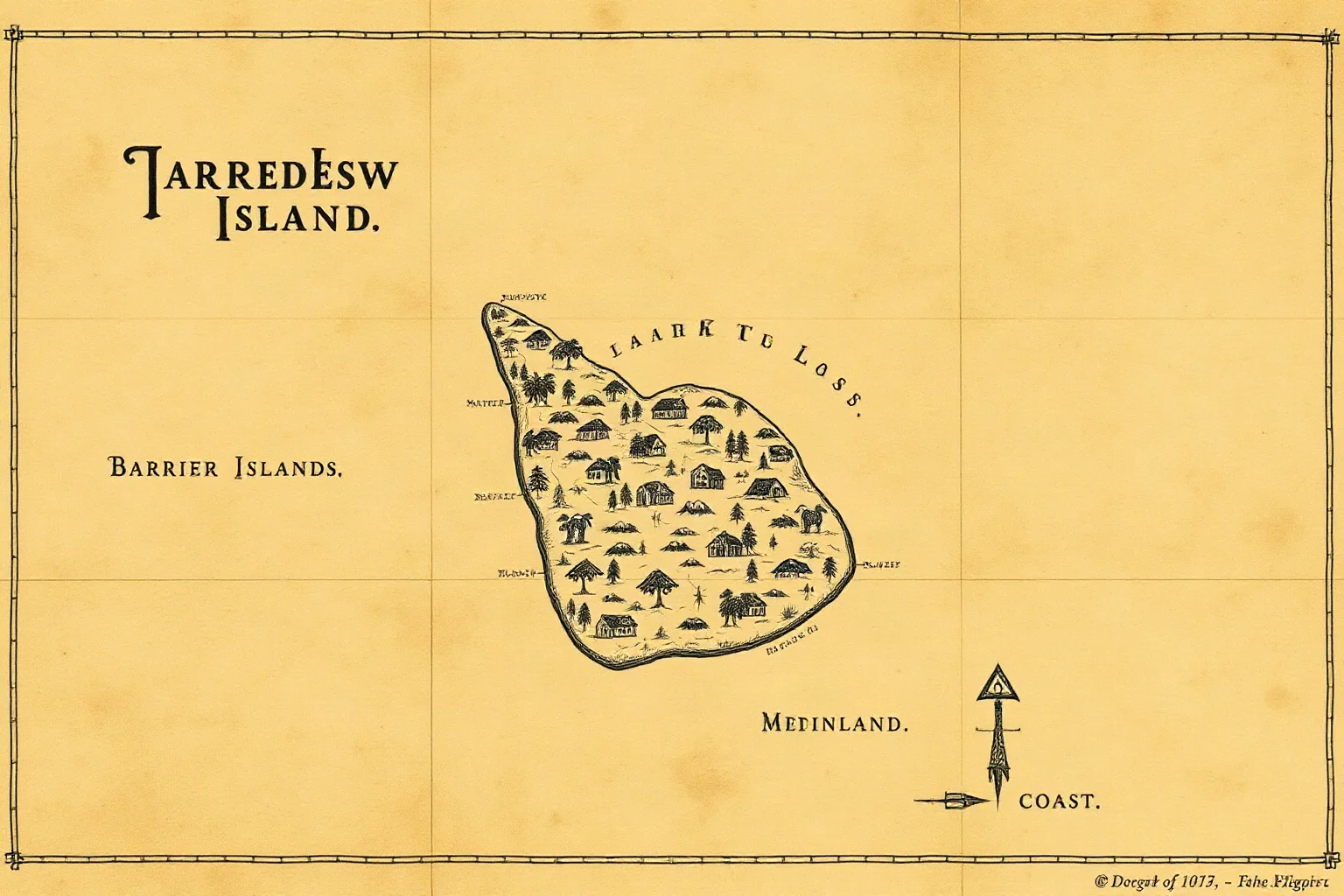 An old hand-drawn style map of a narrow island settlement between barrier islands and mainland coast, aged parchment texture