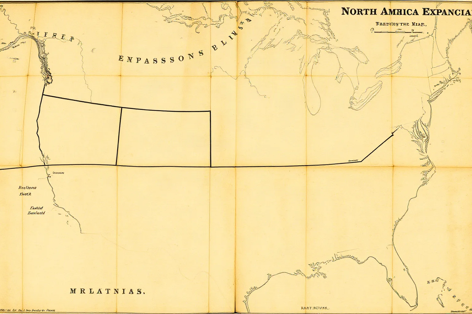 An old hand-drawn style map of North America with a bold dividing line showing a large territorial expansion, sepia tones, no readable text.