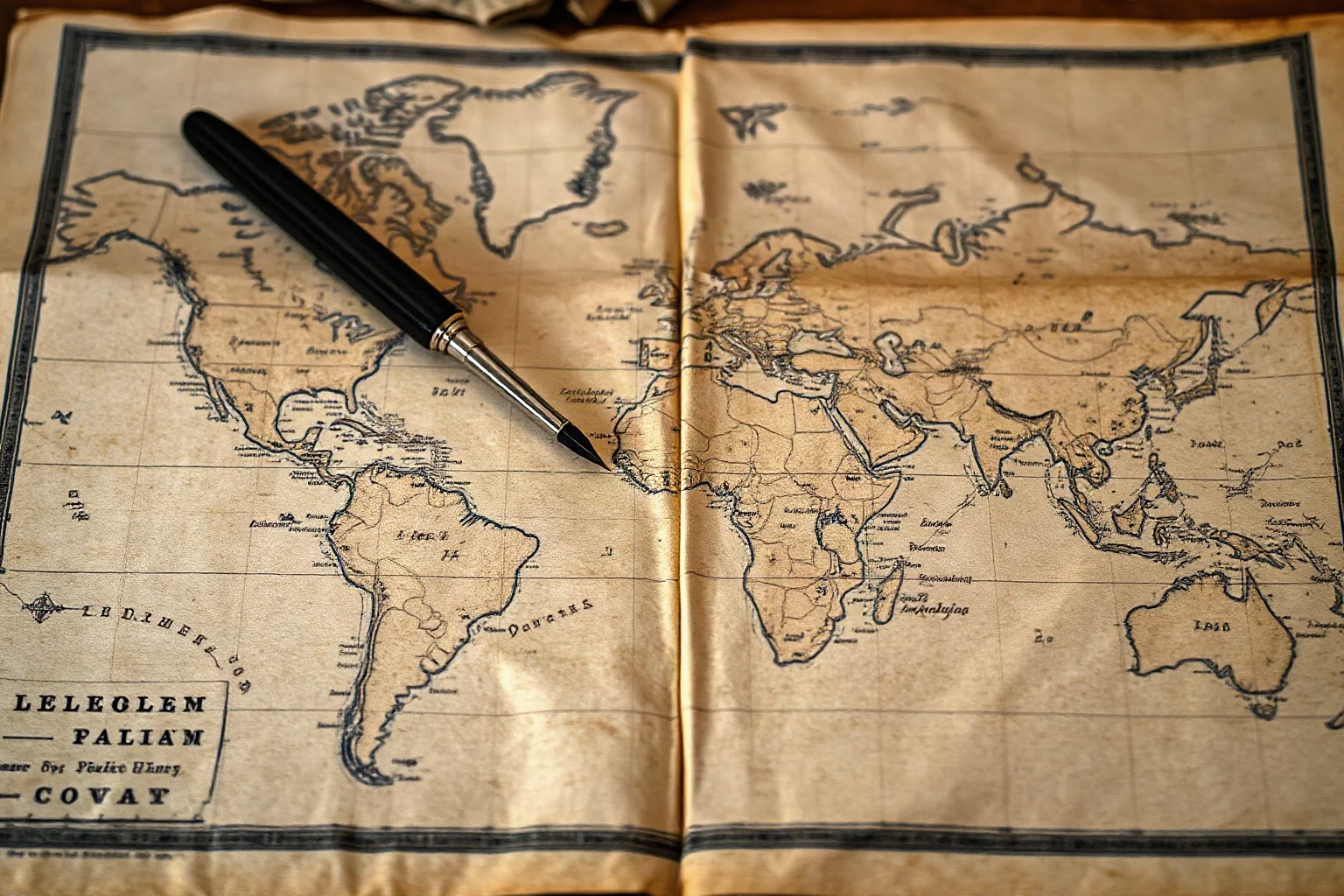 An old hand-drawn world map being annotated with a quill pen, illustrated historical style