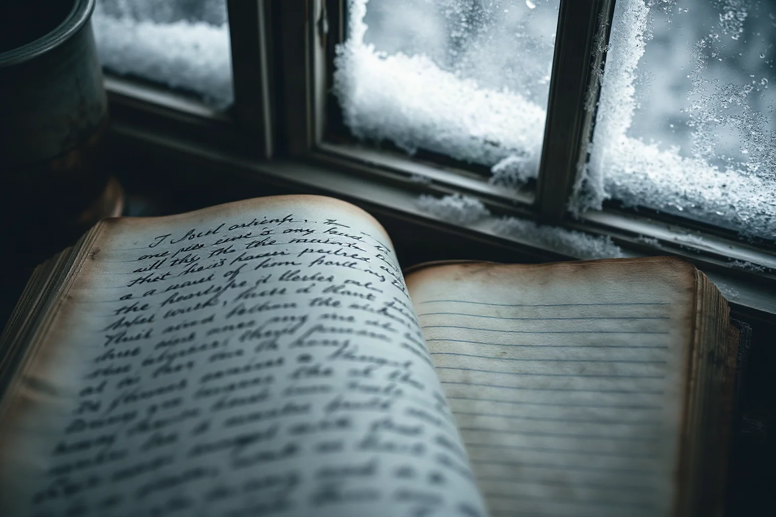 An old handwritten farmer's journal page with a frost-covered window in the background, moody historical still life
