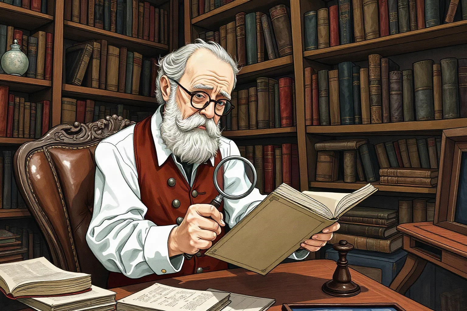 An old historian in a book-filled study examining a manuscript with a magnifying glass, illustrative style