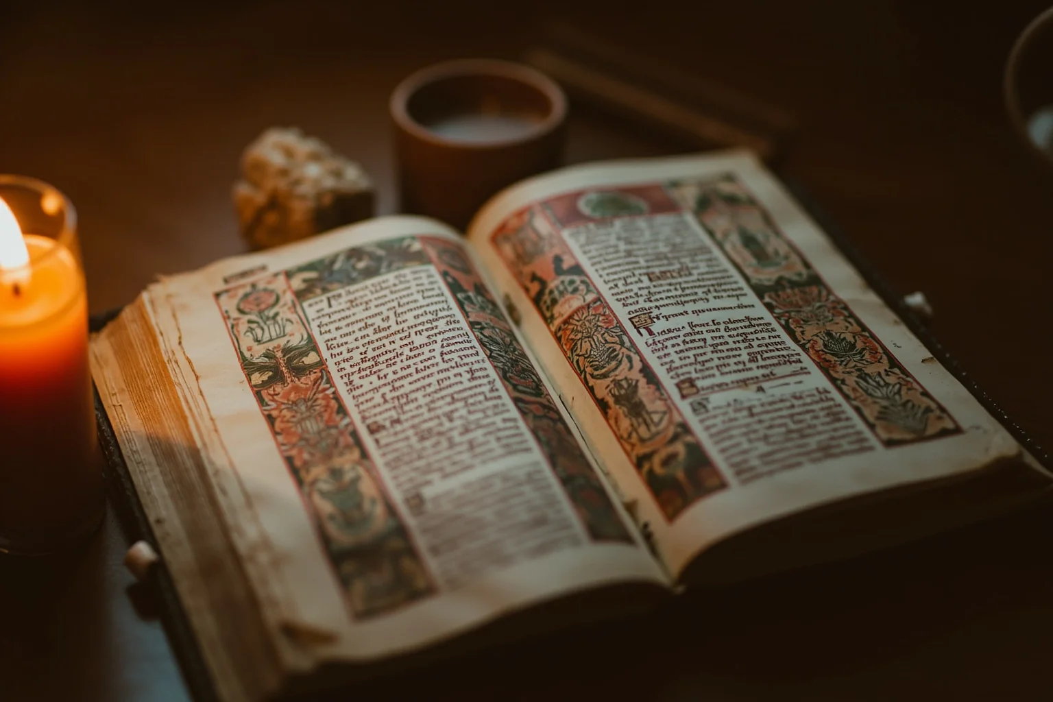 20 of the Most Mysterious People in History 19 An old illuminated manuscript page covered in strange unreadable script and botanical illustrations, warm candlelight