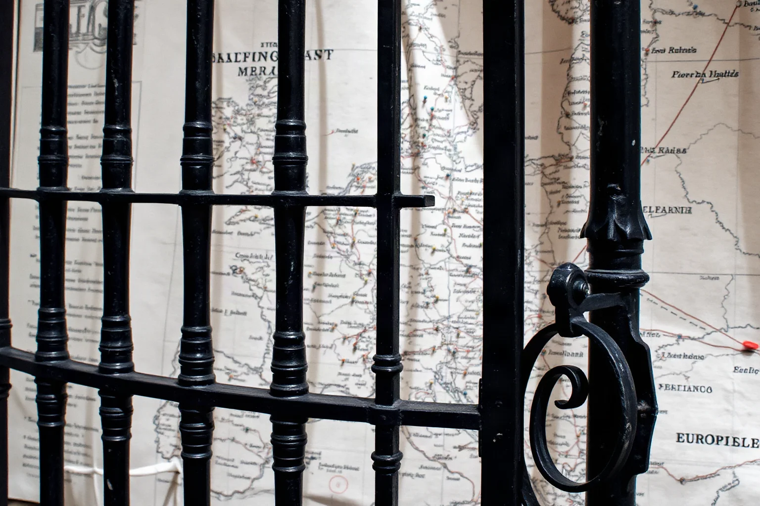 An old iron gate in front of a 19th-century European map covered with small pins