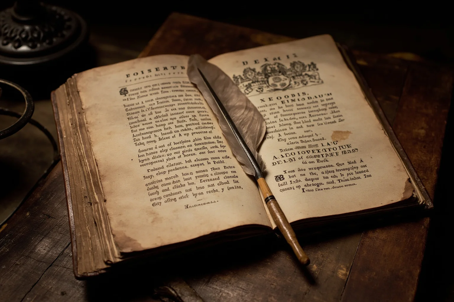 An old leather-bound 18th-century book of pirate histories open on a wooden desk with a quill pen, still-life illustration