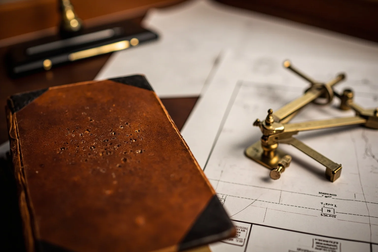 An old leather-bound book, a sextant, and navigation charts spread on a wooden ship's table