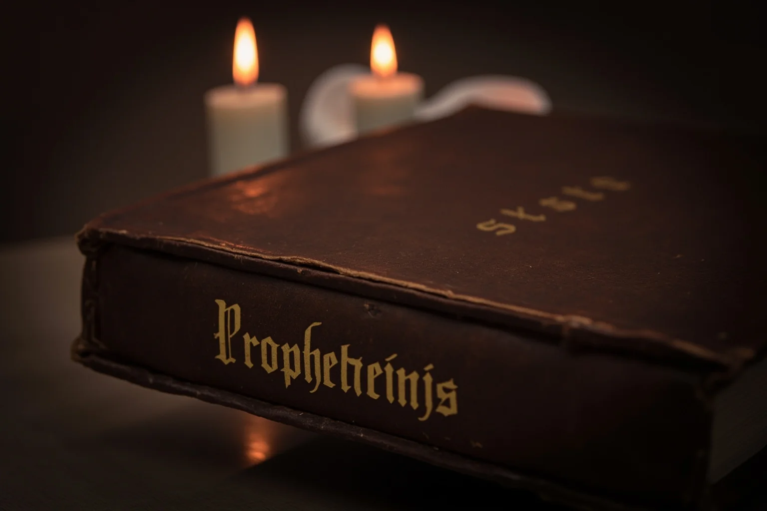 26 Facts About Nostradamus and His Predictions 8 An old leather-bound book titled 'Prophecies' resting on a wooden table with candle light