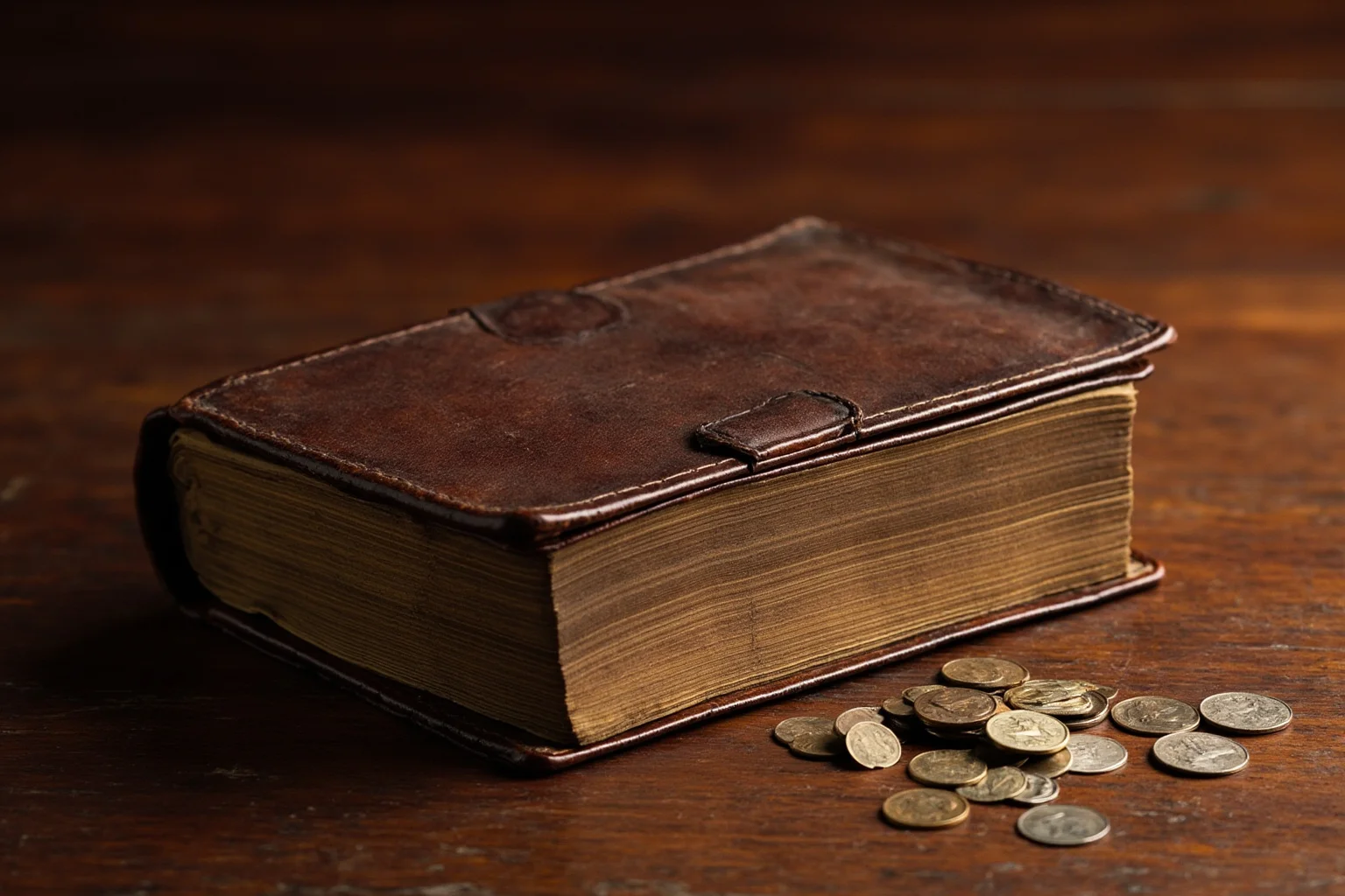 An old leather-bound ledger and coins on a wooden desk symbolizing early American financial and treasury records
