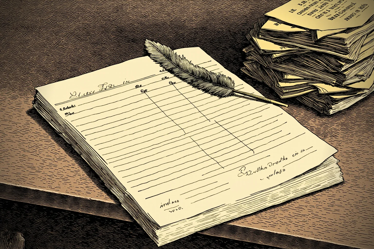 Brutal Forms of Public Humiliation Throughout History 20 An old ledger book and quill beside a stack of unpaid bills on a wooden desk, symbolic historical illustration
