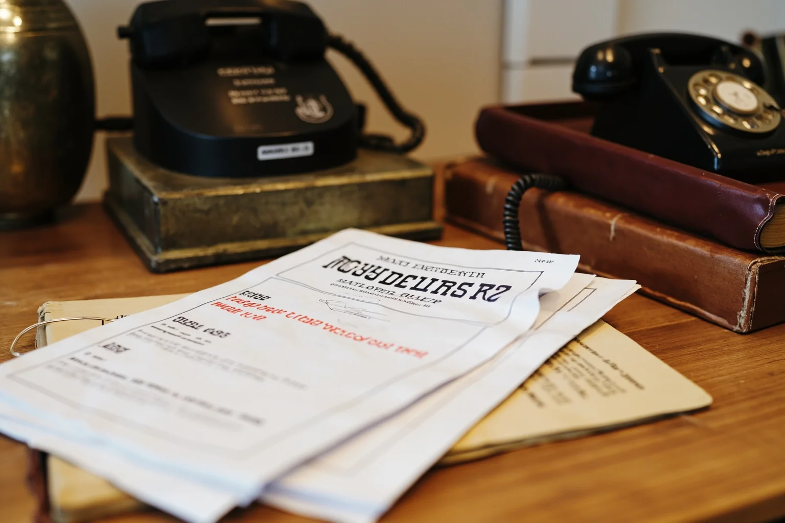 An old mail-order catalog and vintage rotary telephone on a wooden desk, retail history theme
